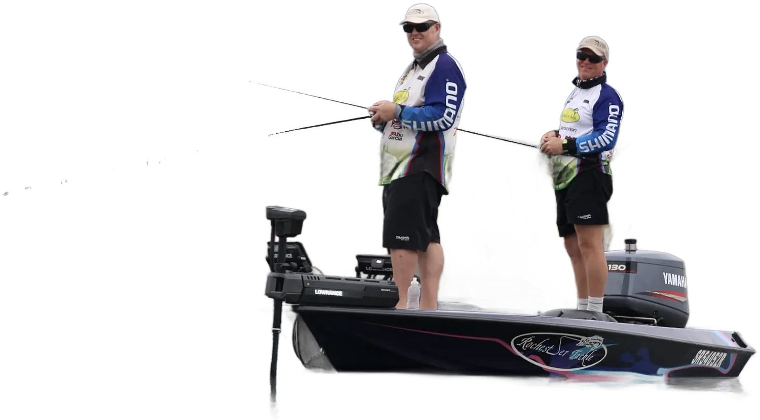 Two anglers casting from the Rochester Tackle bass boat on Albert Falls Dam