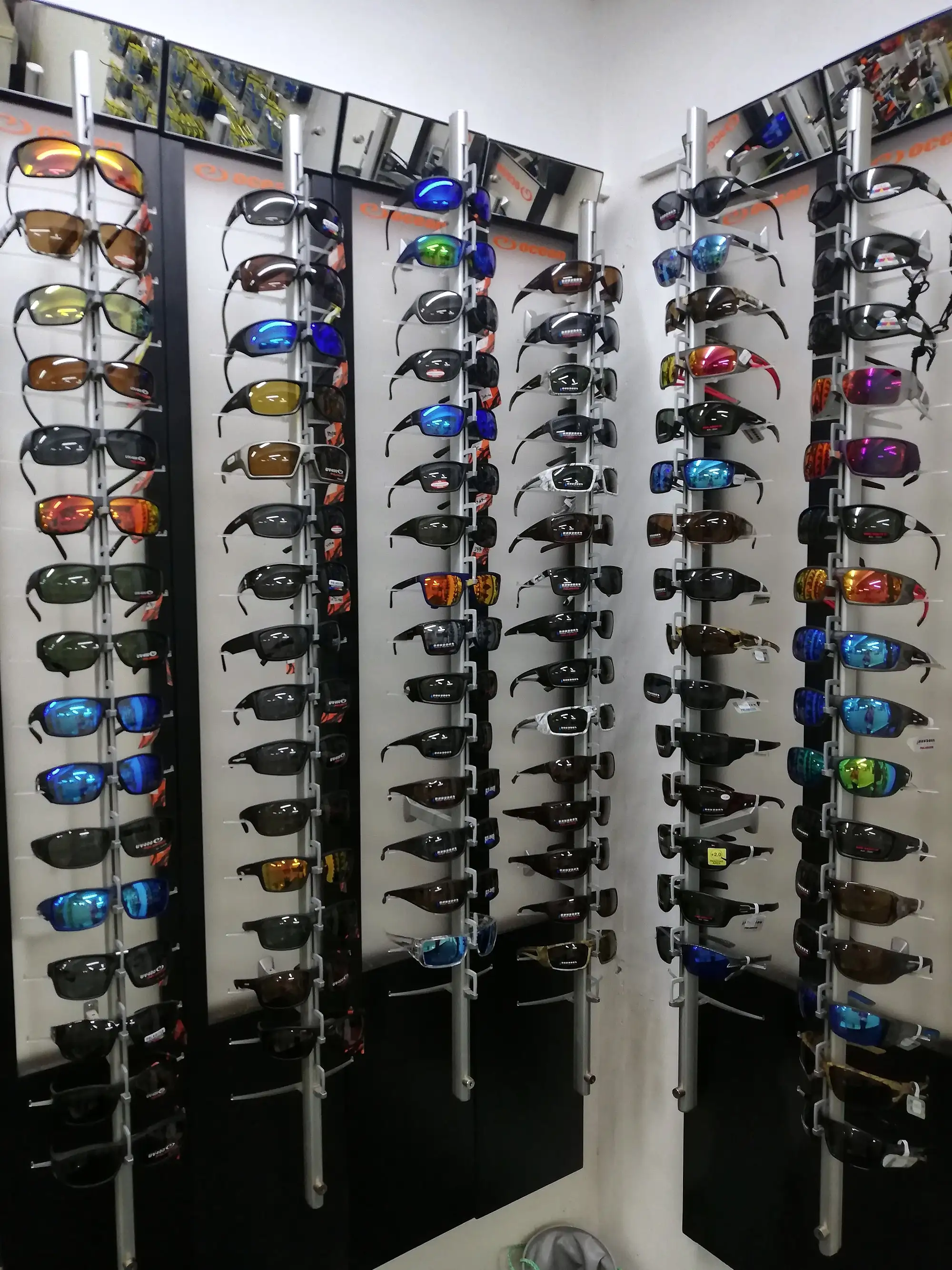 A tall rack of polarised fishing sunglasses